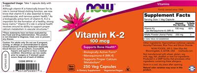 Photo of the NOW Vitamin K-2 100 mcg label