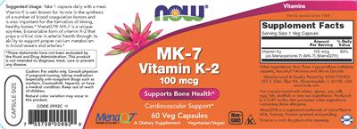Photo of the NOW MK-7 Vitamin K-2 100 mcg label