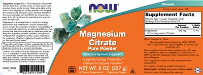 Photo of the NOW Magnesium Citrate Pure Powder label