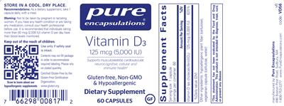 Photo of the Pure Encapsulations Vitamin D3 125 mcg (5,000 IU) label