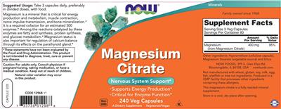 Photo of the NOW Magnesium Citrate label