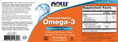 Photo of the NOW Molecularly Distilled Omega-3 label
