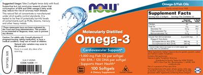 Photo of the NOW Molecularly Distilled Omega-3 label