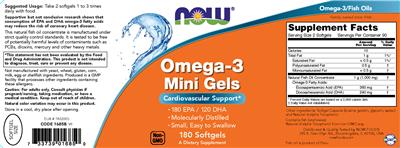 Photo of the NOW Omega-3 Mini Gels label