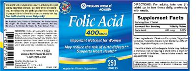 Photo of the Vitamin World Folic Acid 400 mcg label