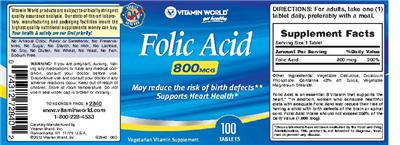 Photo of the Vitamin World Folic Acid 800 mcg label