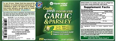 Photo of the Vitamin World Garlic Fresh Odorless Garlic & Parsley label