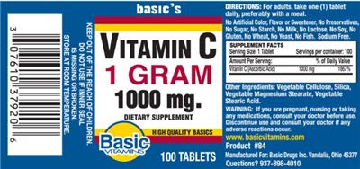 Photo of the Basic Vitamins Vitamin C 1 gram 1000 mg label