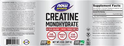 Photo of the NOW Sports Creatine Monohydrate label