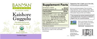 Photo of the Banyan Botanicals Kaishore Guggulu label