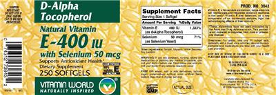 Photo of the Vitamin World Natural Vitamin E-400 IU With Selenium 50 mcg label