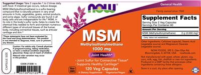 Photo of the NOW MSM Methylsulfonylmethane 1000 mg label
