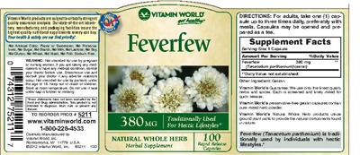 Photo of the Vitamin World Feverfew 380 mg label