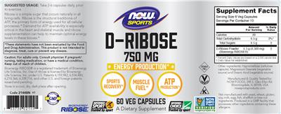 Photo of the NOW Sports D-Ribose 750 mg label