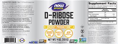 Photo of the NOW Sports D-Ribose Powder 5000 mg label