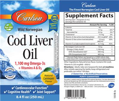 Photo of the Carlson Wild Norwegian Cod Liver Oil Natural Lemon Flavor label
