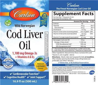 Photo of the Carlson Wild Norwegian Cod Liver Oil Natural Lemon Flavor label