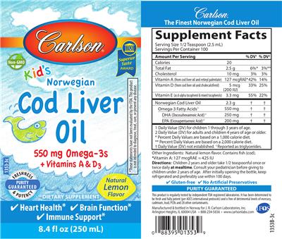 Photo of the Carlson Kid's Norwegian Cod Liver Oil Natural Lemon Flavor label