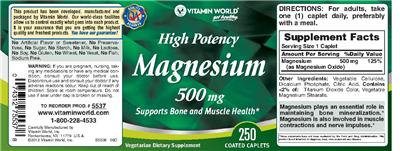 Photo of the Vitamin World High Potency Magnesium 500 mg label