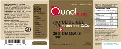 Photo of the Qunol Plus Ubiquinol + Omega 3 label