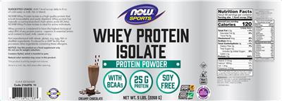 Photo of the NOW Sports Whey Protein Isolate Creamy Chocolate label