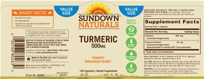 Photo of the Sundown Naturals Turmeric 500 mg label