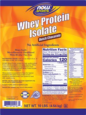 Photo of the NOW Sports Whey Protein Isolate Dutch Chocolate label