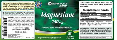 Photo of the Vitamin World Magnesium 250 mg label