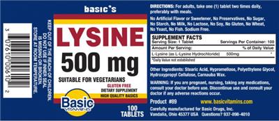Photo of the Basic Vitamins Lysine 500 mg label