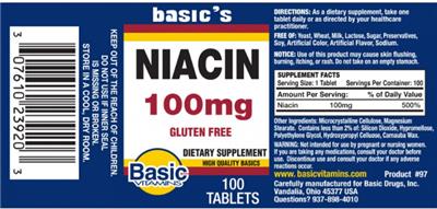 Photo of the Basic Vitamins Niacin 100 mg label