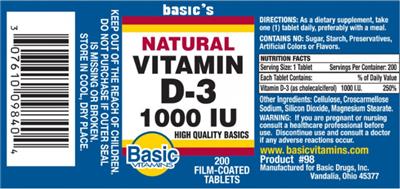 Photo of the Basic Vitamins Natural Vitamin D-3 1000 IU label