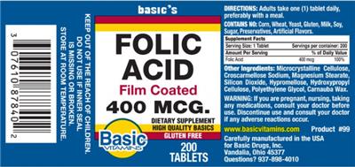 Photo of the Basic Vitamins Folic Acid 400 mcg label