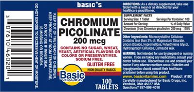Photo of the Basic Vitamins Chromium Picolinate 200 mcg label