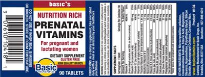 Photo of the Basic Vitamins Prenatal Vitamins label