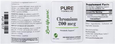 Photo of the PureFormulas Chromium 200 mcg label