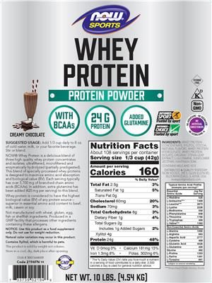 Photo of the NOW Sports Whey Protein Creamy Chocolate label