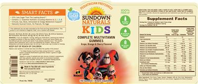 Photo of the Sundown Naturals Kids Complete Multivitamin Incredibles 2 Gummies label