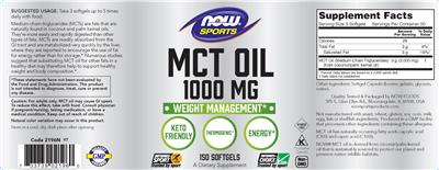 Photo of the NOW Sports MCT Oil 1000 mg label