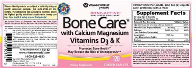 Photo of the Vitamin World Bone Care With Calcium Magnesium Vitamins D3 & K label