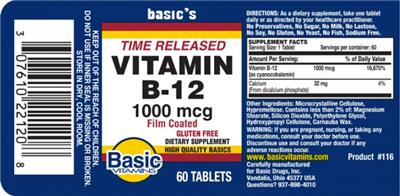 Photo of the Basic Vitamins Vitamin B-12 1000 mcg Time Released label