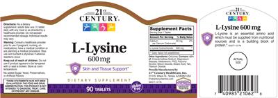 Photo of the 21st Century L-Lysine 600 mg label