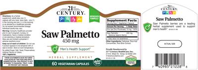 Photo of the 21st Century Saw Palmetto 450 mg label
