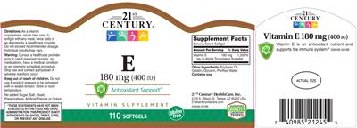 Photo of the 21st Century E 180 mg (400 IU) label