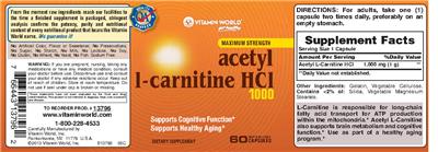 Photo of the Vitamin World Maximum Strength Acetyl L-Carnitine HCl 1000 label
