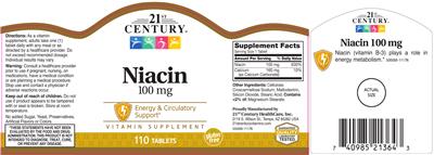 Photo of the 21st Century Niacin 100 mg label