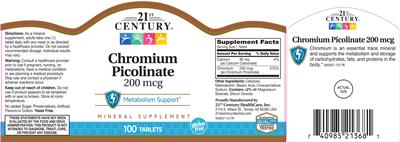 Photo of the 21st Century Chromium Picolinate 200 mcg label