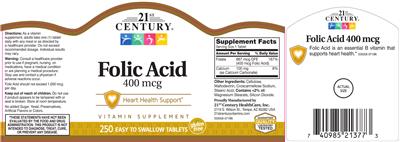 Photo of the 21st Century Folic Acid 400 mcg label