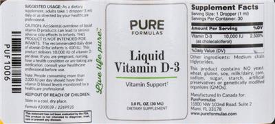 Photo of the PureFormulas Liquid Vitamin D-3 label