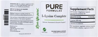 Photo of the PureFormulas L-Lysine Complete label