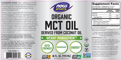 Photo of the NOW Sports Organic MCT Oil label